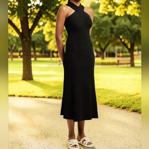 Deluc Elegant Black Ribbed Knit Criss-Cross Straps Bodycon Halter Dress